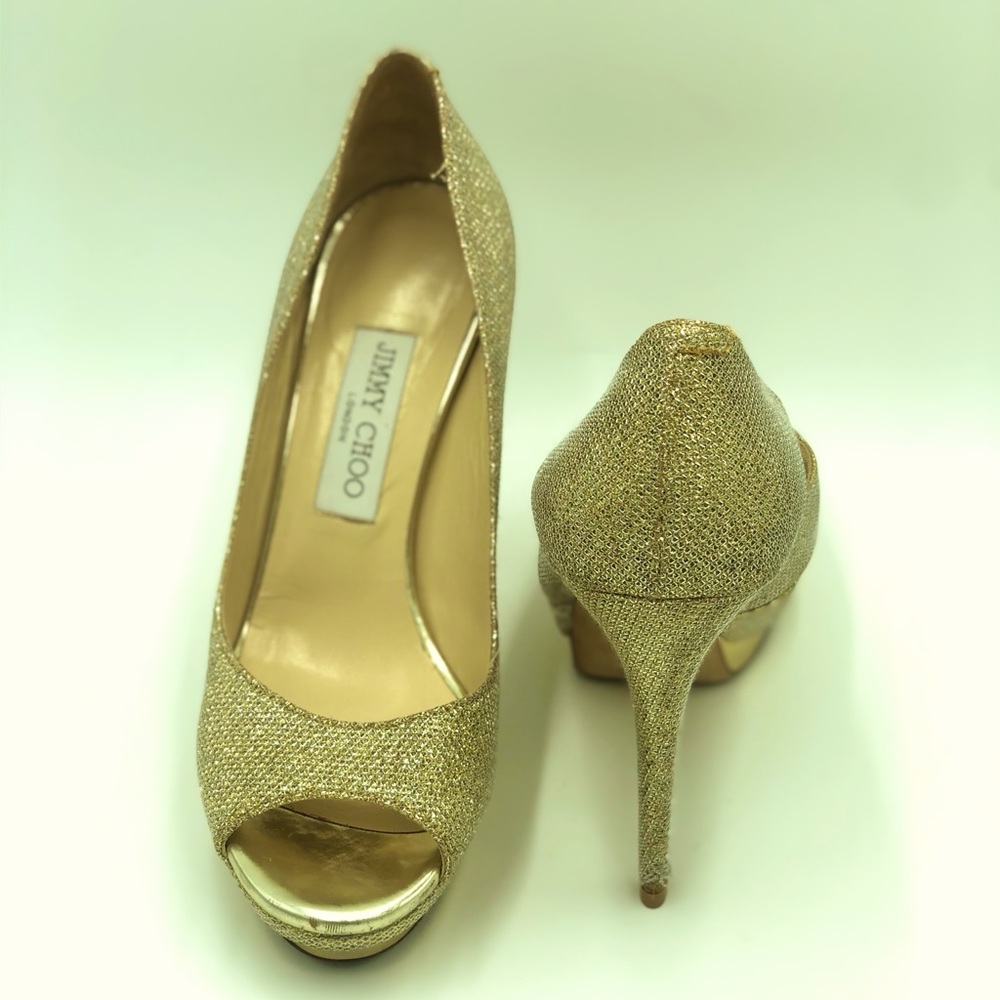 JIMMY CHOO Gold Tayten Glitter Lame Peep Toe Pumps